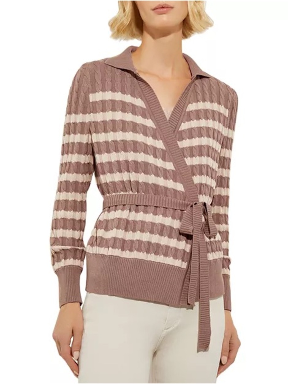 Misook Striped Cable Knit Wrap Cardigan